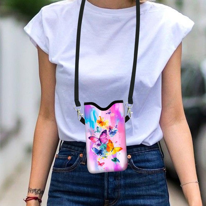 otilil Neoprene Cell Phone Sleeve Pouch Case Bag with Crossbody Strap Neck Lanyard for Women 7.1 X 3.9 in Tie Dye Butterfly - Image 5